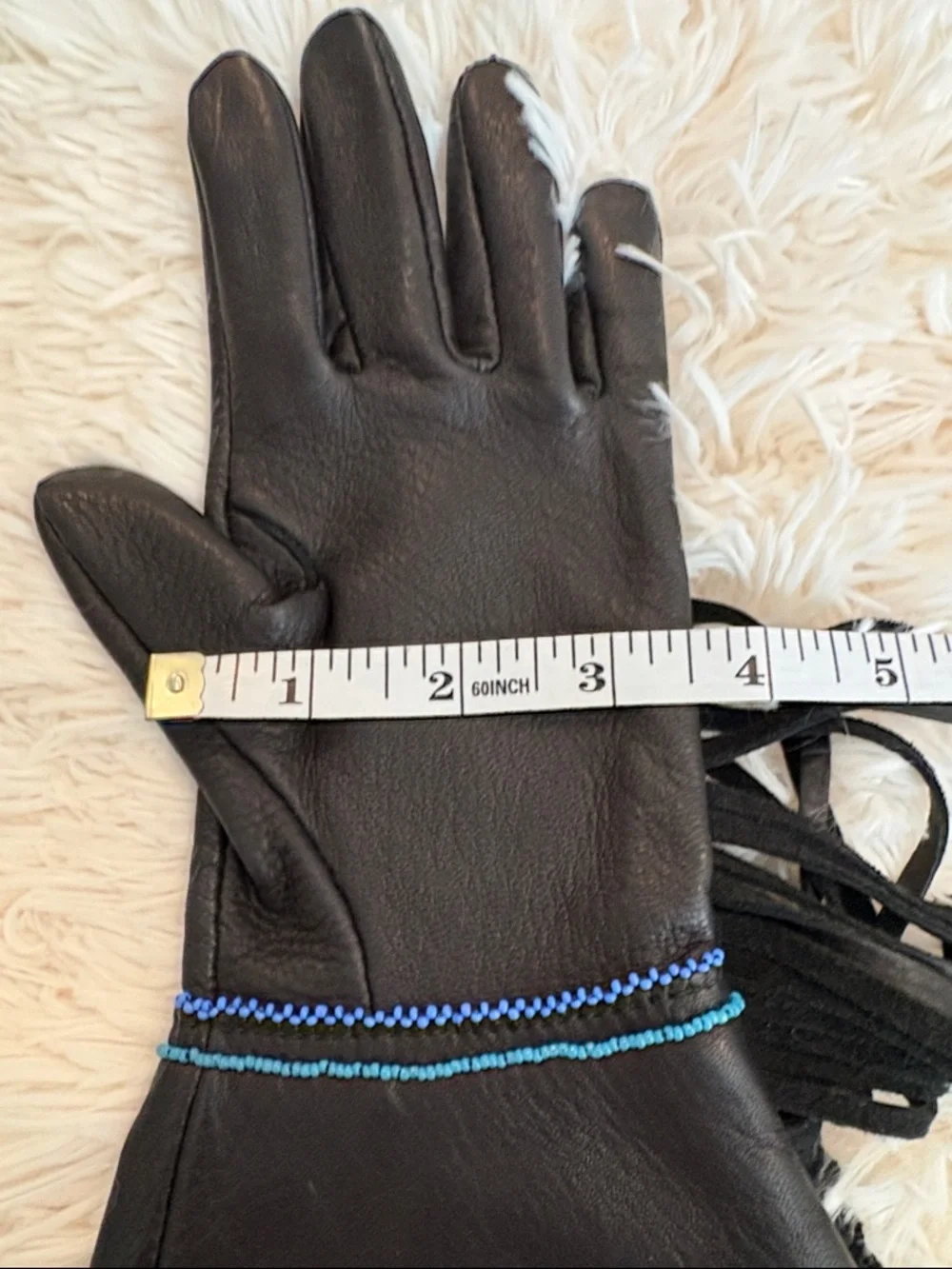 Fringed Black Leather Gloves with hand beaded Detail. Never worn.